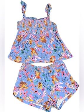 Soma Blue Floral Smocked Like Tank & Shorts Set Size XL